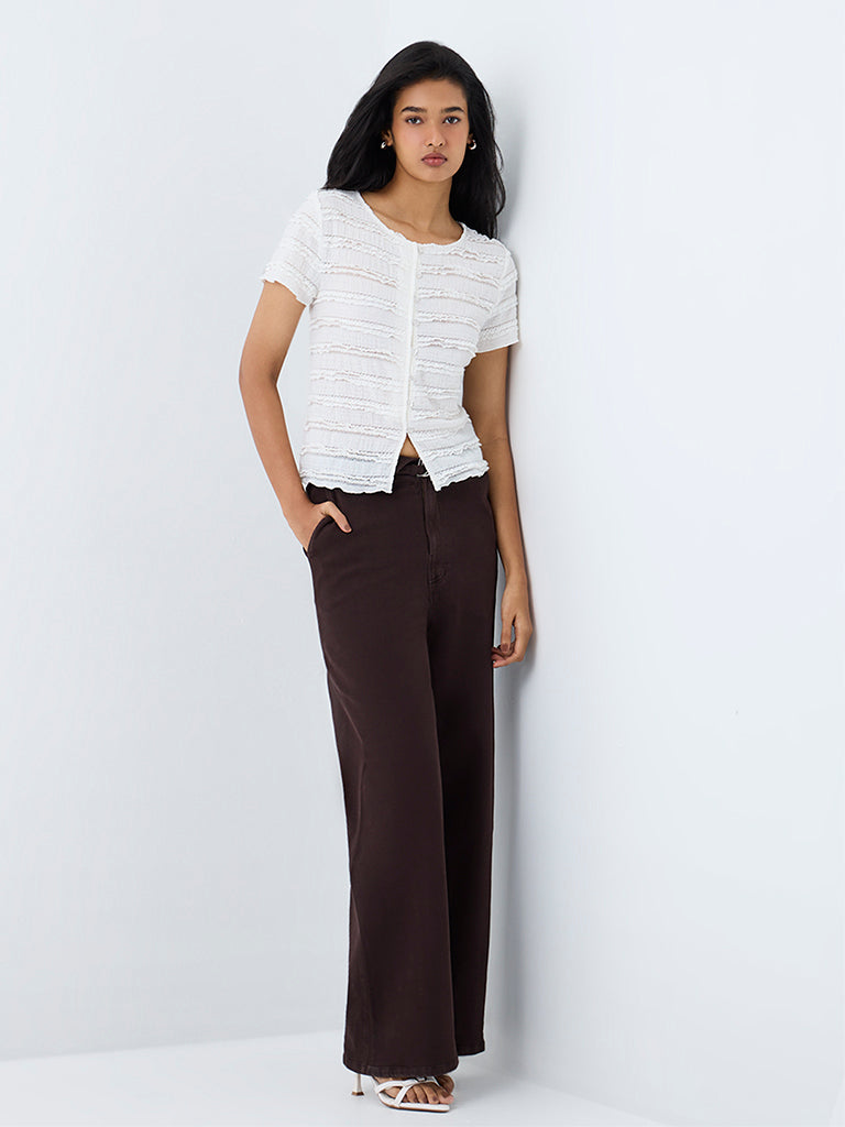 LOV White Lace-Detail Textured Cotton-Blend Top