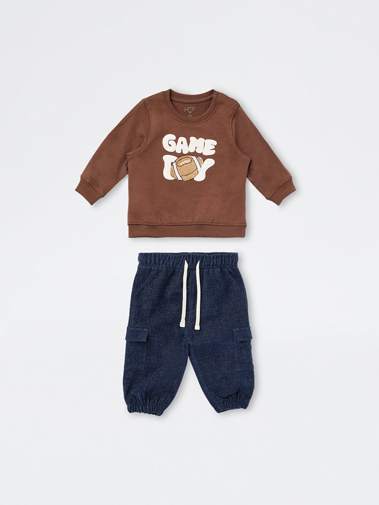HOP Baby Boys Dark Brown Baseball-Theme Cotton Sweatshirt and Jogger Set