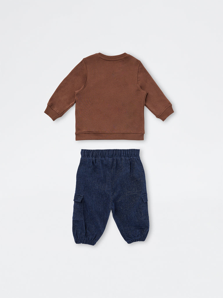 HOP Baby Boys Dark Brown Baseball-Theme Cotton Sweatshirt and Jogger Set
