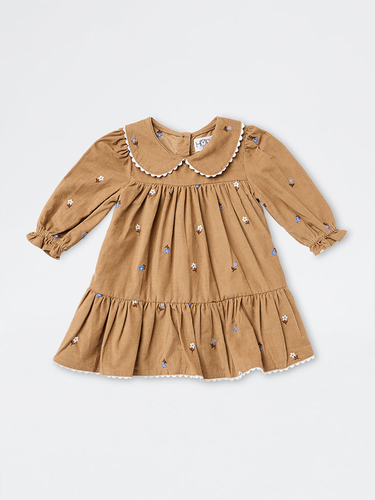HOP Baby Girls Brown Floral Embroidered Cotton Tiered Dress