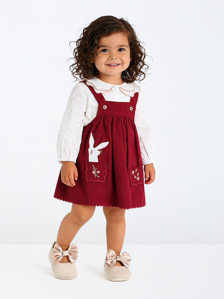 HOP Baby Girls Maroon Corduroy Cotton Pinafore with Shirt Set
