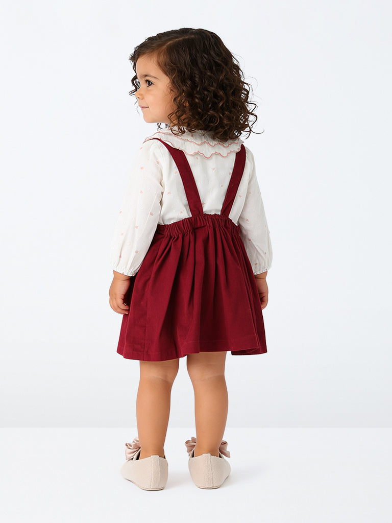 HOP Baby Girls Maroon Corduroy Cotton Pinafore with Shirt Set