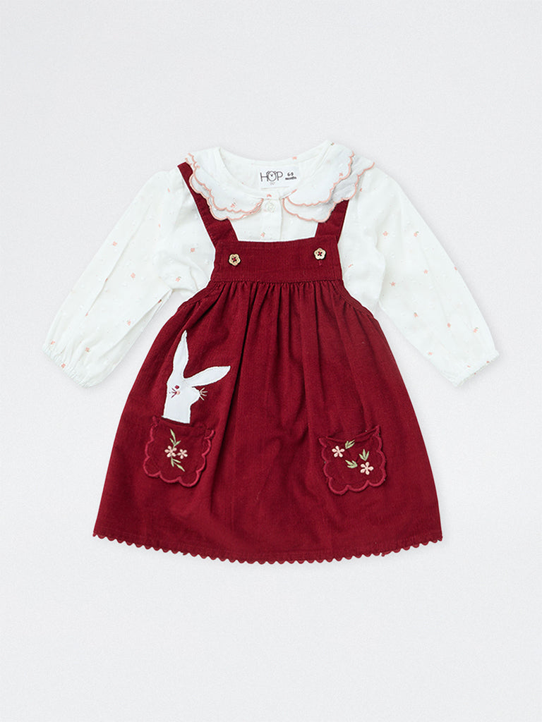 HOP Baby Girls Maroon Corduroy Cotton Pinafore with Shirt Set