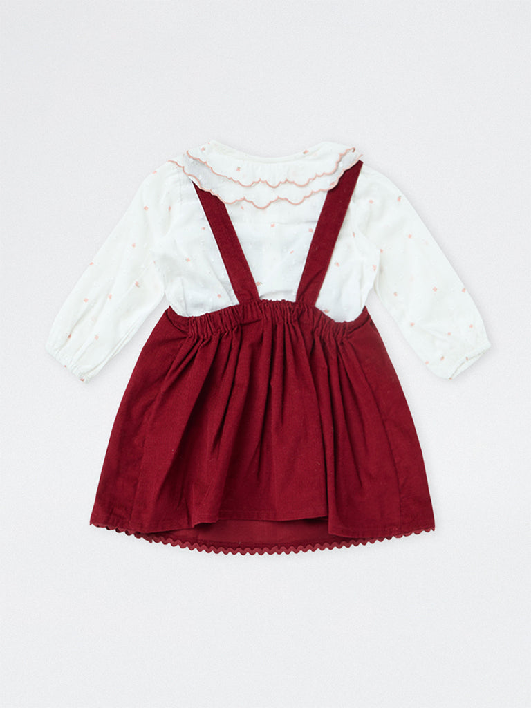 HOP Baby Girls Maroon Corduroy Cotton Pinafore with Shirt Set