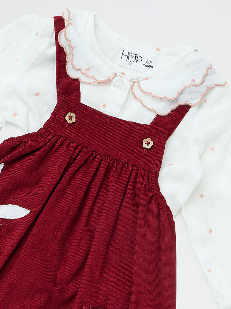 HOP Baby Girls Maroon Corduroy Cotton Pinafore with Shirt Set