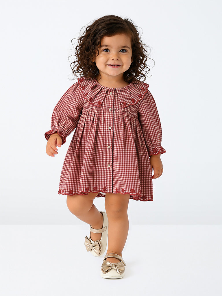 HOP Baby Girls Red Gingham Checkered Cotton A-Line Dress