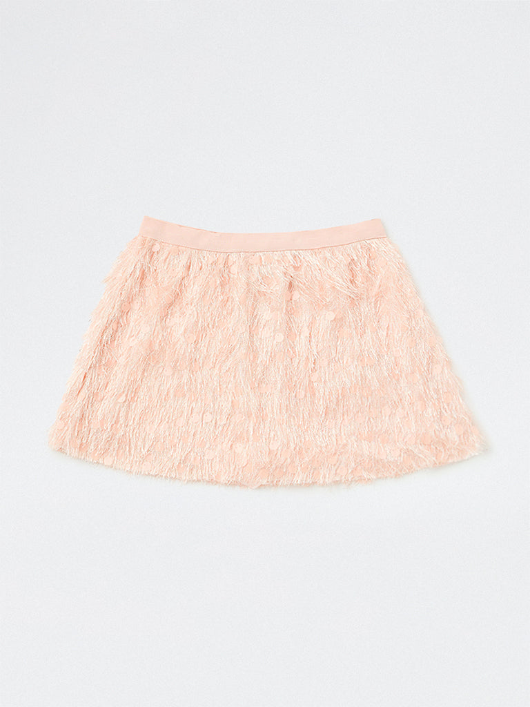 HOP Kids Girls Peach Fringe-Detailed High-Rise Skirt