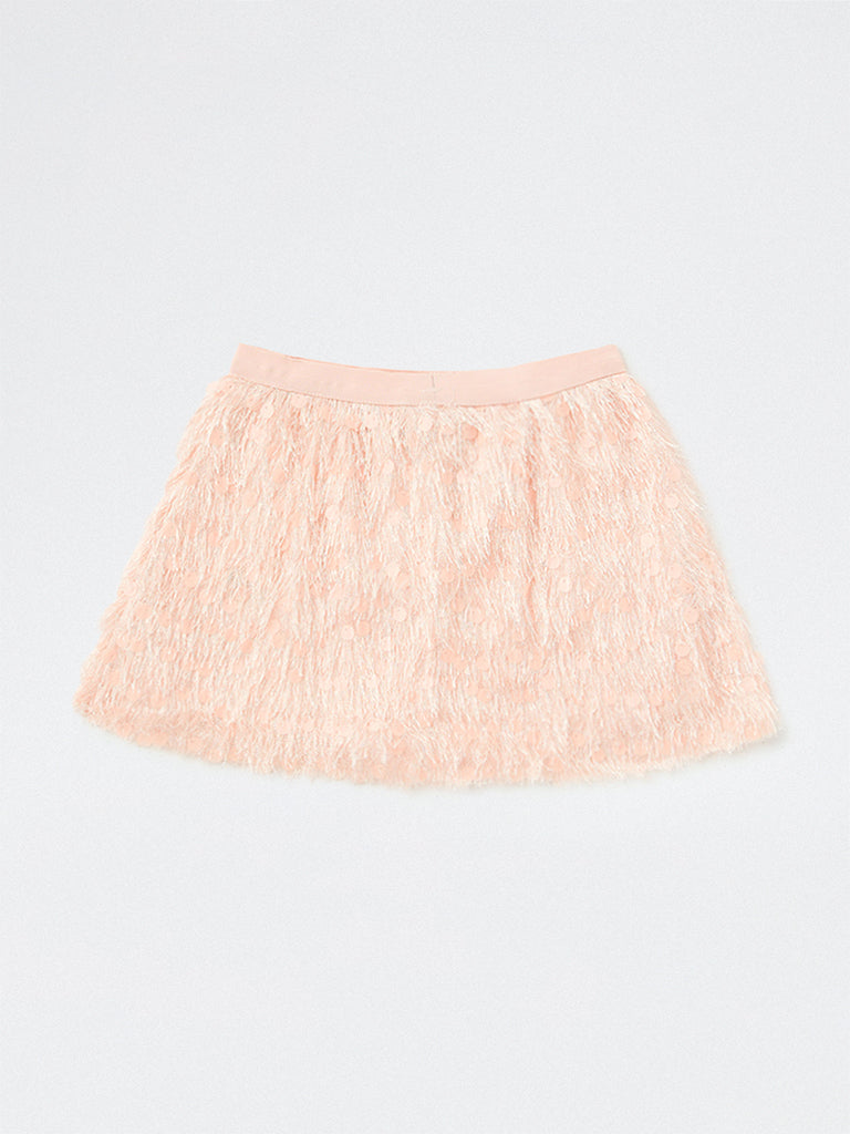 HOP Kids Girls Peach Fringe-Detailed High-Rise Skirt
