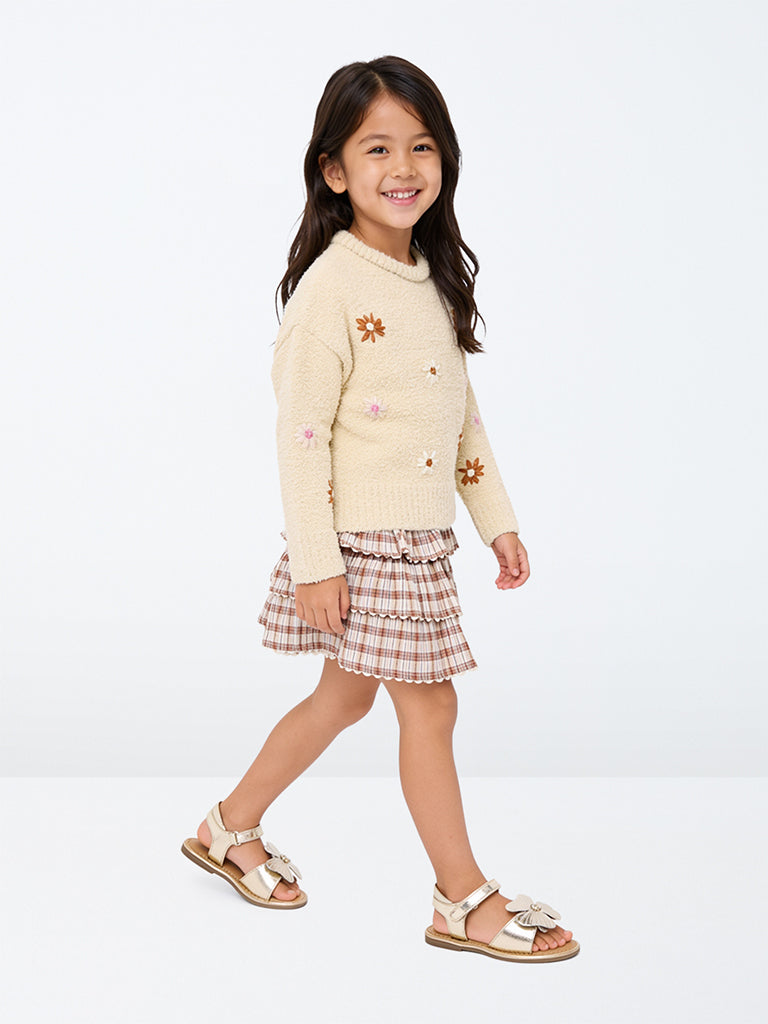HOP Kids Girls Brown Checkered High-Rise Tiered Skirt