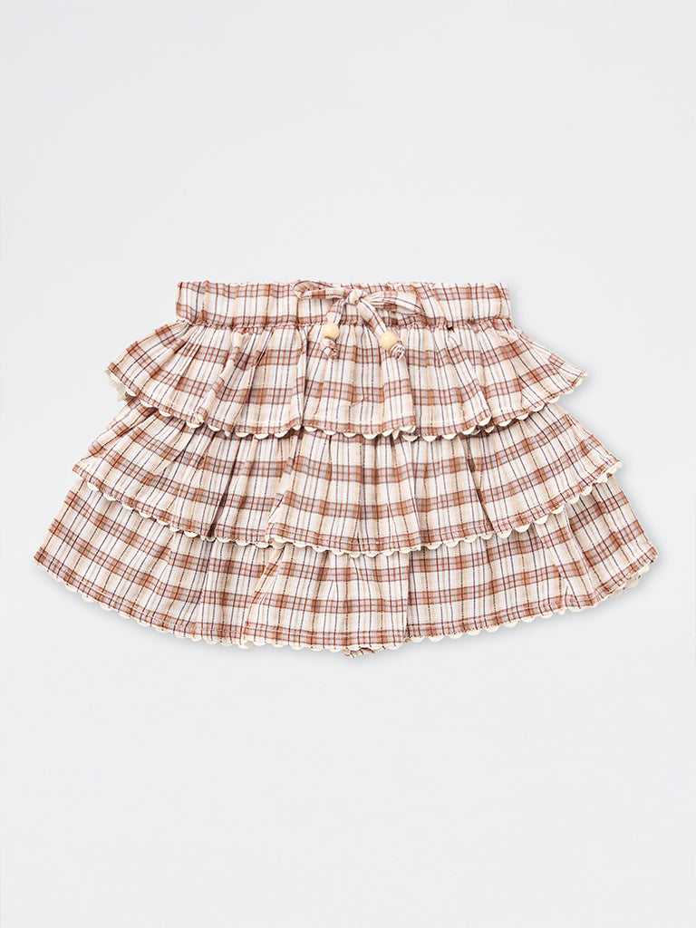 HOP Kids Girls Brown Checkered High-Rise Tiered Skirt