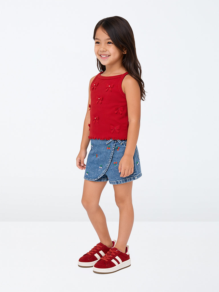 HOP Kids Girls Blue Embroidered High-Rise Denim Skort