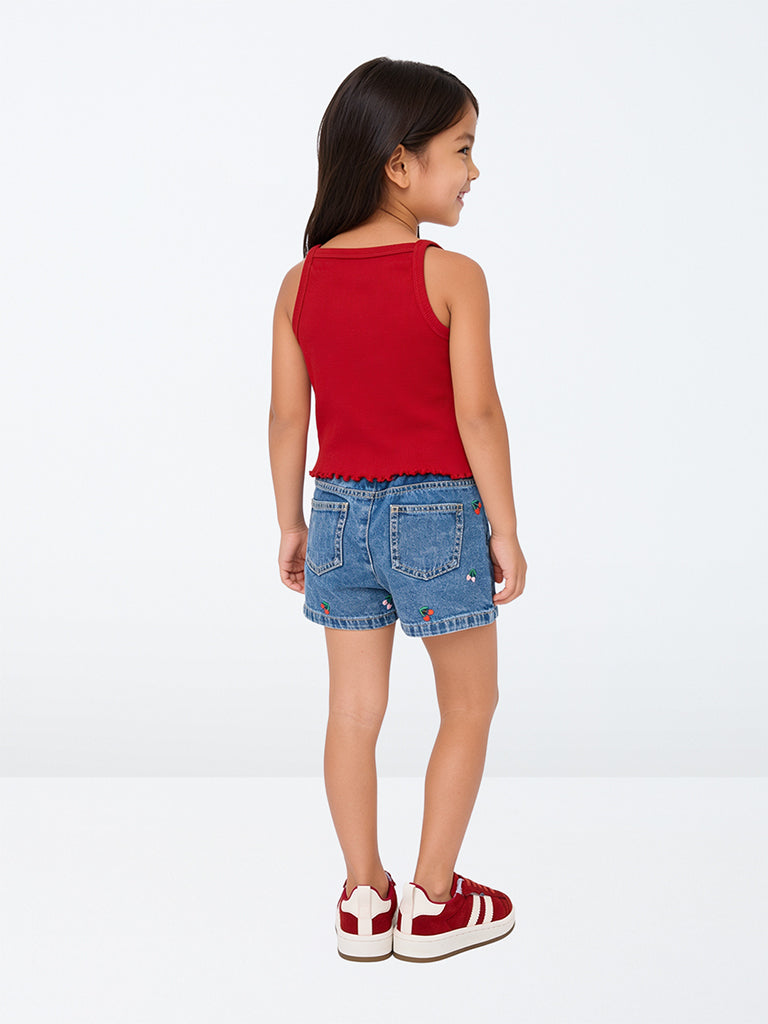 HOP Kids Girls Blue Embroidered High-Rise Denim Skort