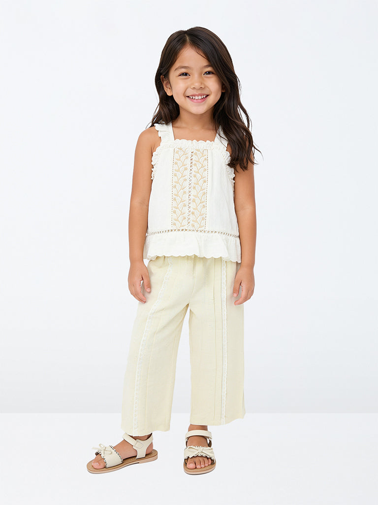 HOP Kids Girls Light Beige Lace-Detailed High-Rise Trousers