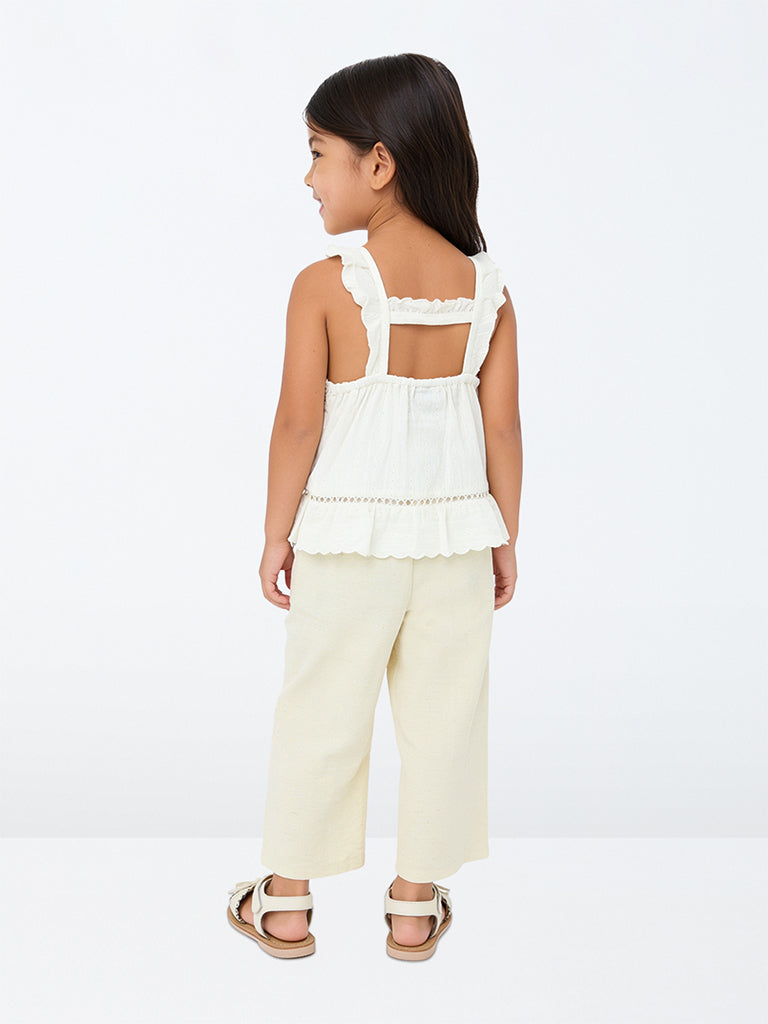 HOP Kids Girls Light Beige Lace-Detailed High-Rise Trousers