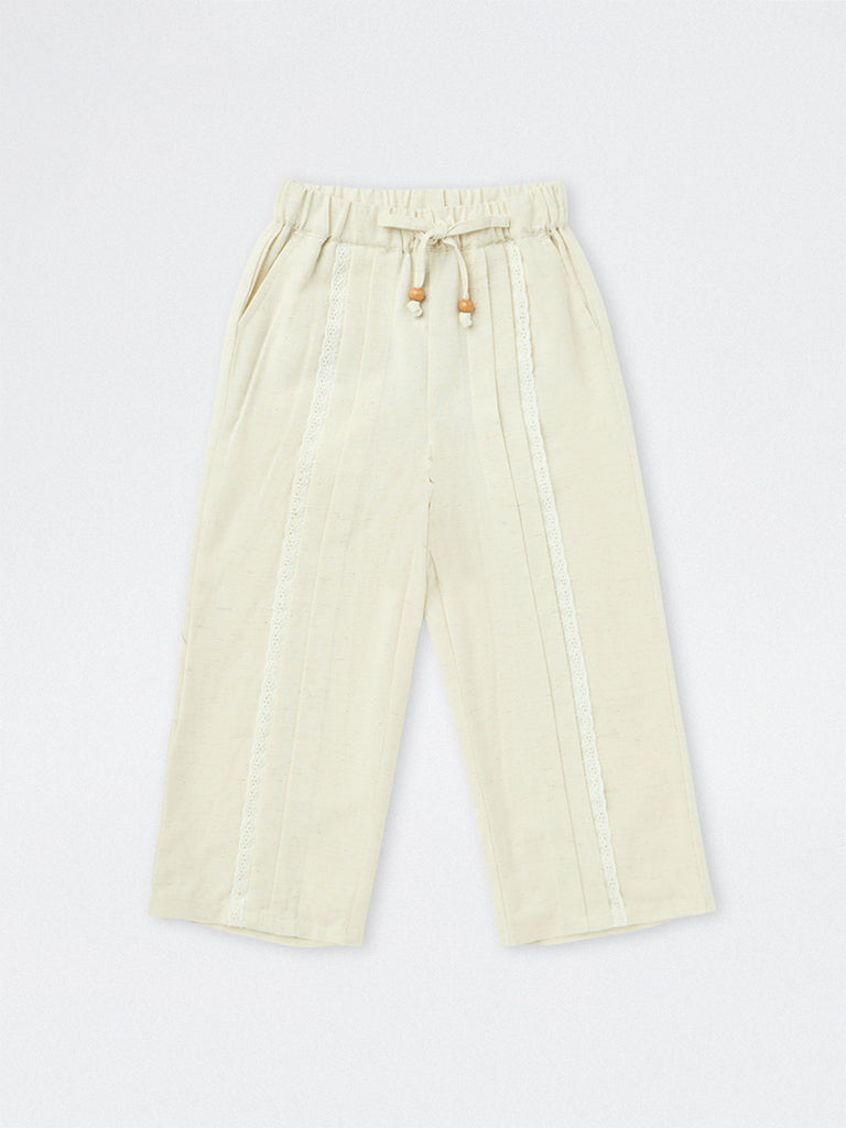 HOP Kids Girls Light Beige Lace-Detailed High-Rise Trousers