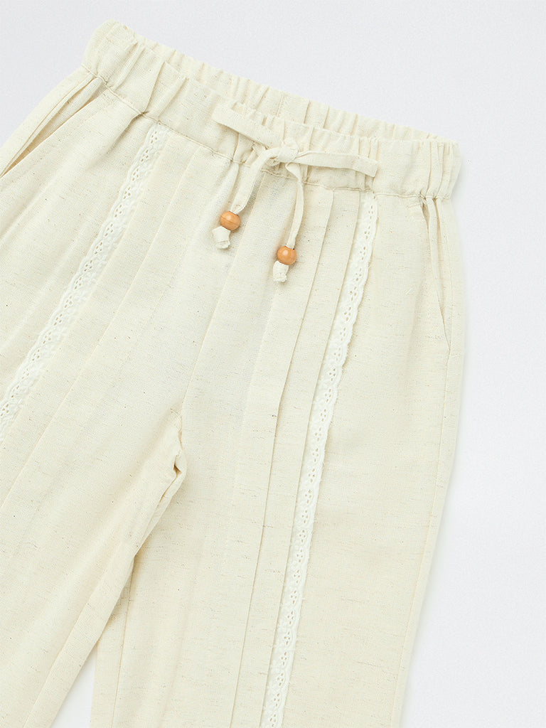 HOP Kids Girls Light Beige Lace-Detailed High-Rise Trousers