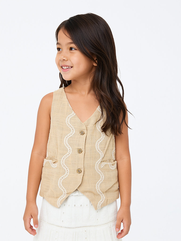 HOP Kids Girls Beige Embroidered Waistcoat
