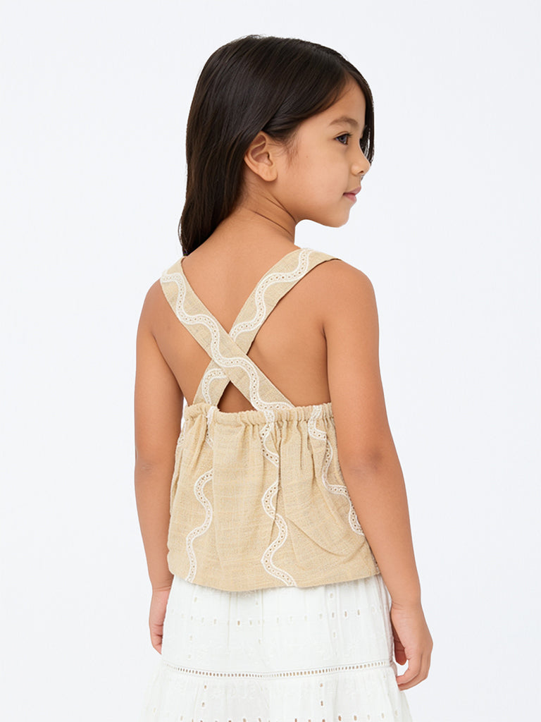 HOP Kids Girls Beige Embroidered Waistcoat