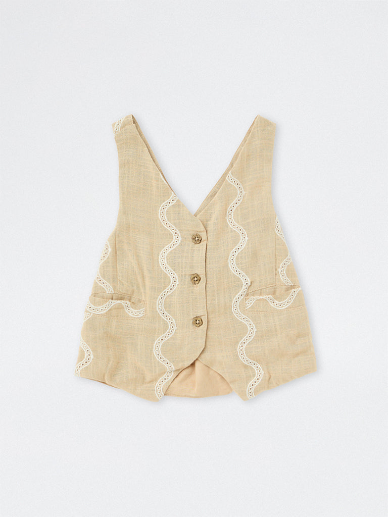 HOP Kids Girls Beige Embroidered Waistcoat