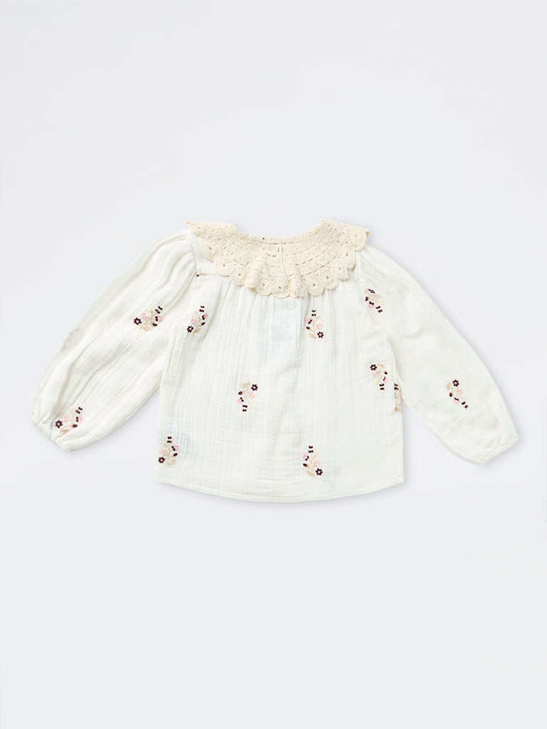 HOP Kids Girls Off-White Floral Embroidered Cotton Top