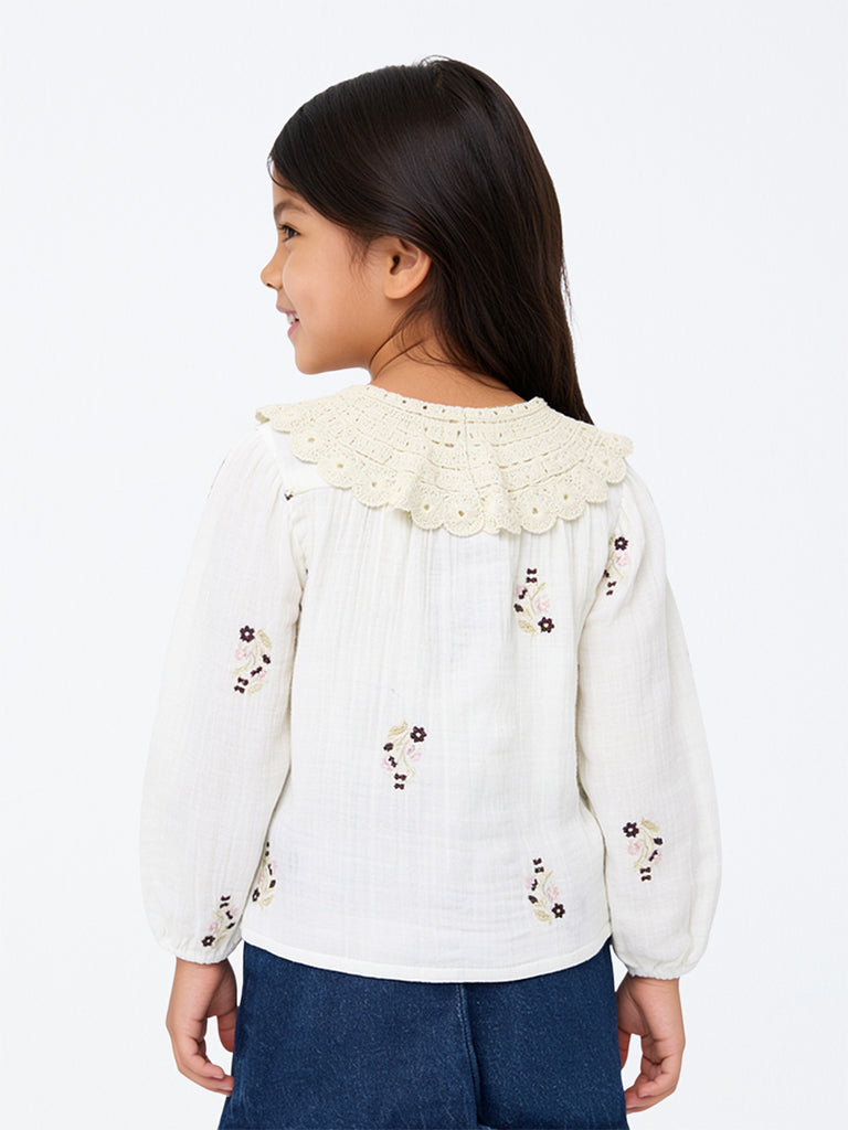 HOP Kids Girls Off-White Floral Embroidered Cotton Top