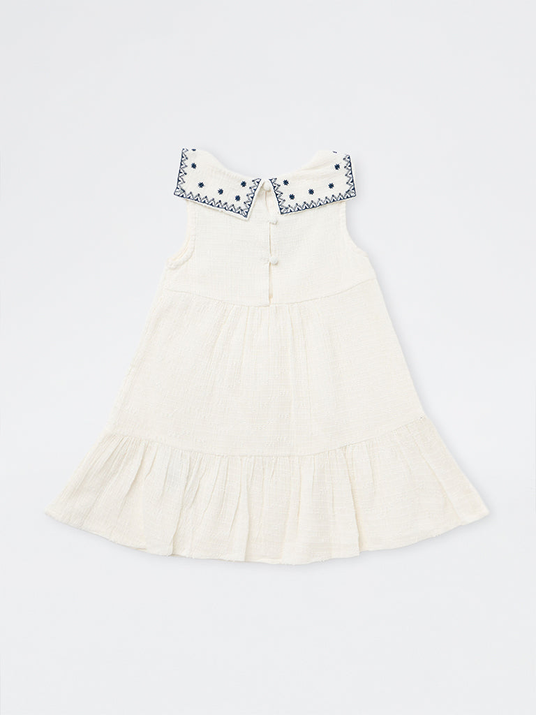HOP Kids Girls Off-White Embroidered Cotton Drop-Waist Dress