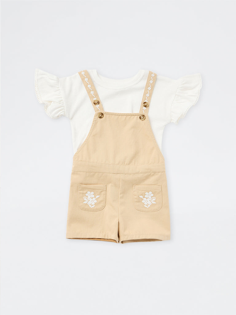 HOP Kids Girls Beige Floral Embroidered Cotton Dungaree with T-Shirt Set