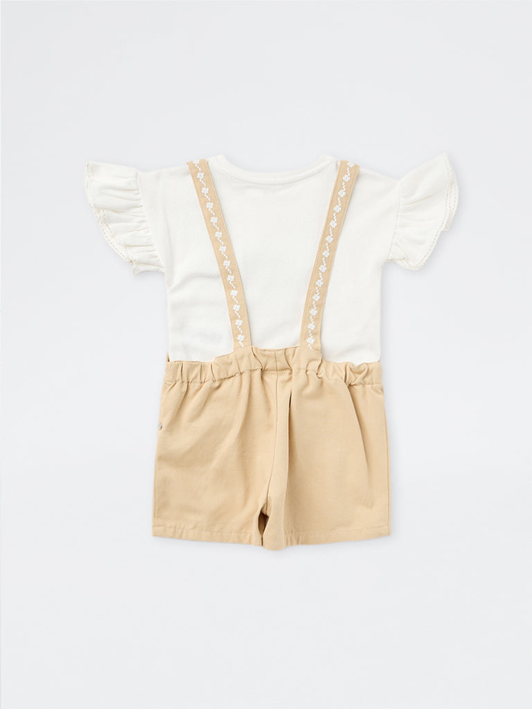 HOP Kids Girls Beige Floral Embroidered Cotton Dungaree with T-Shirt Set