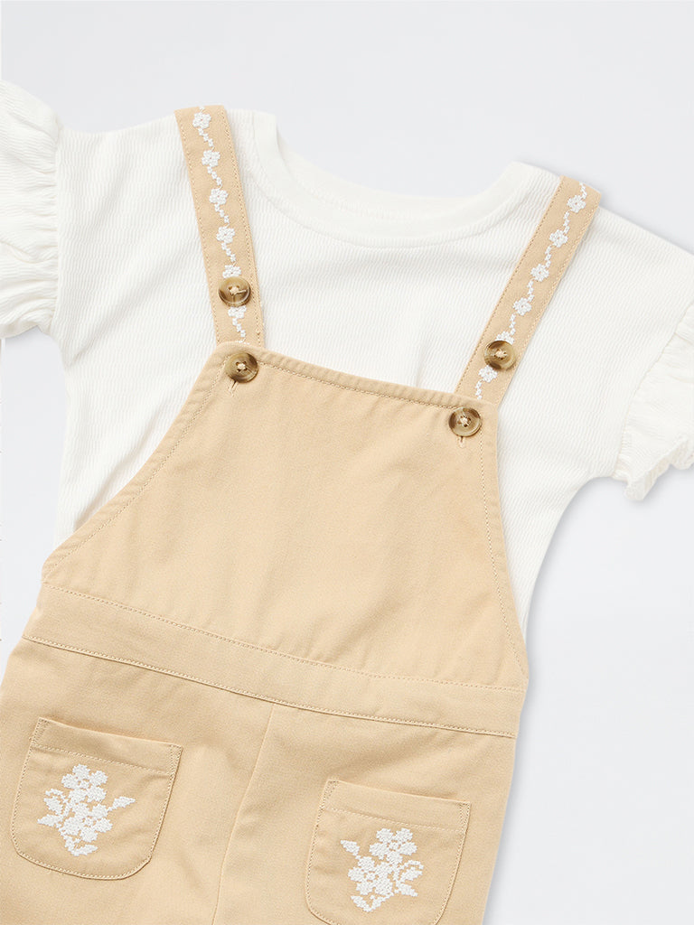 HOP Kids Girls Beige Floral Embroidered Cotton Dungaree with T-Shirt Set