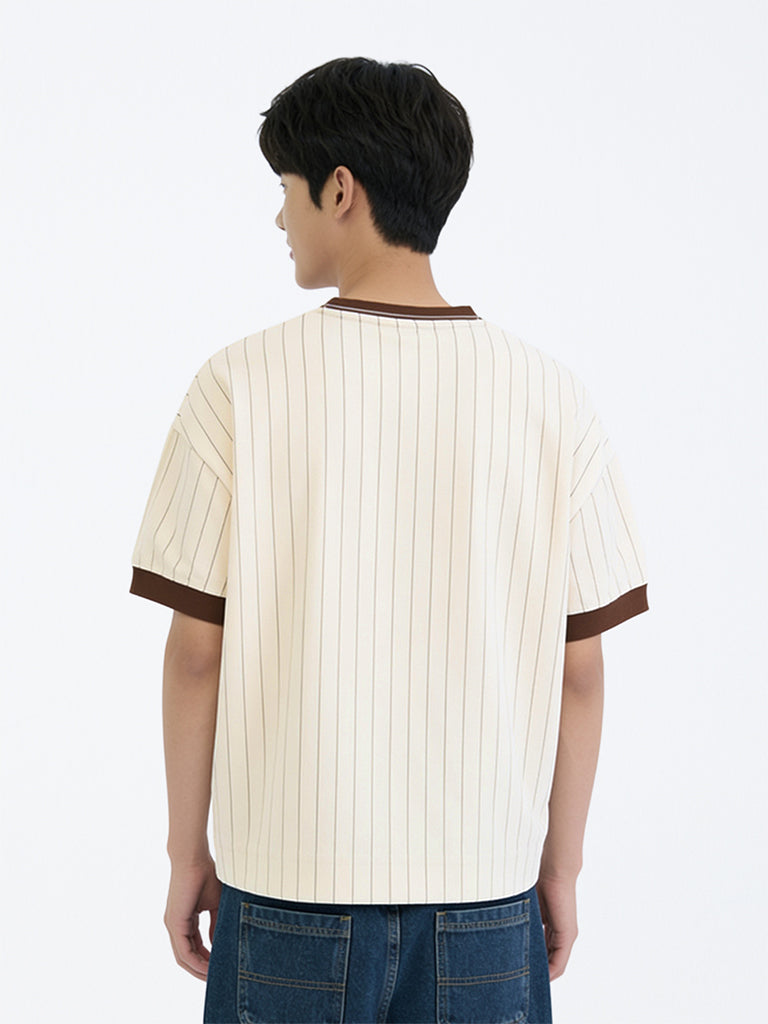 Boys Light Beige Japanese Printed Cotton-Blend T-Shirt