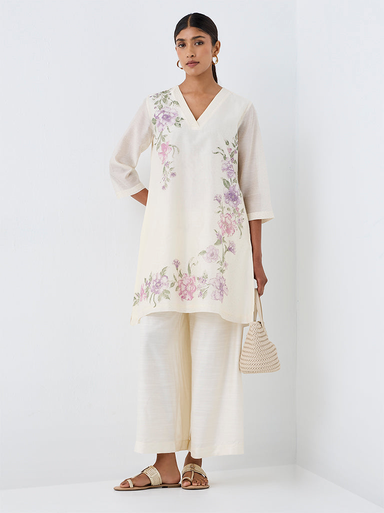 Zuba Off-White Floral Printed Cotton-Blend A-Line Kurta