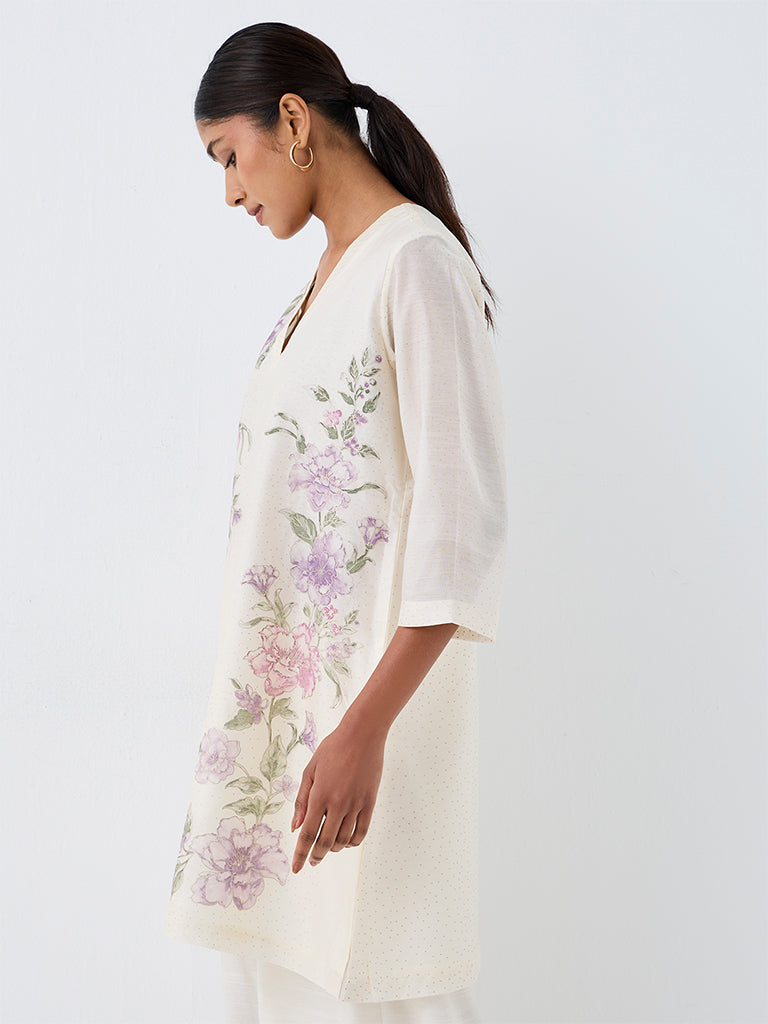 Zuba Off-White Floral Printed Cotton-Blend A-Line Kurta