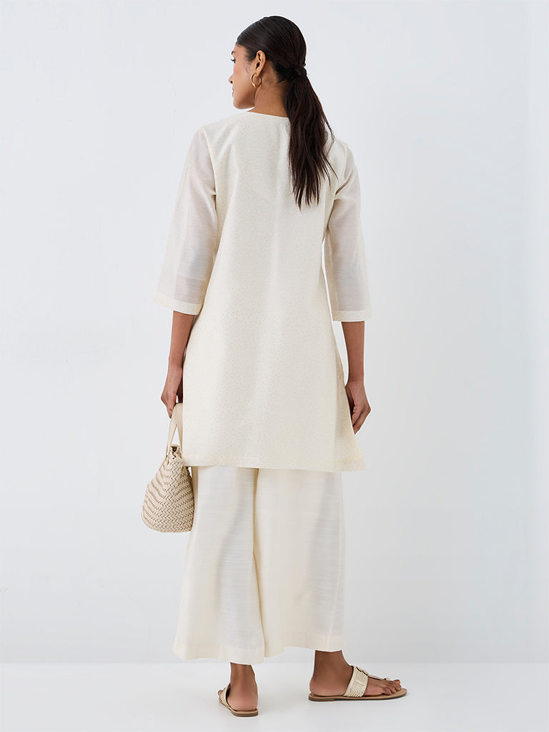 Zuba Off-White Floral Printed Cotton-Blend A-Line Kurta