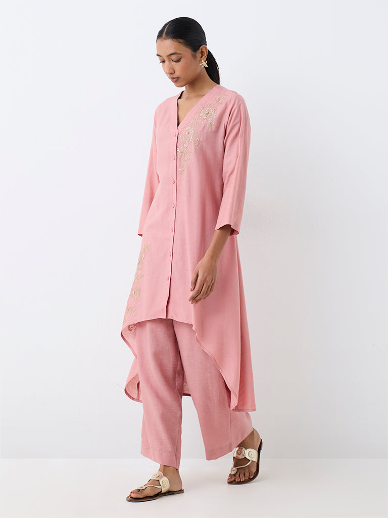 Zuba Pink Floral Embellished Asymmetrical Kurta