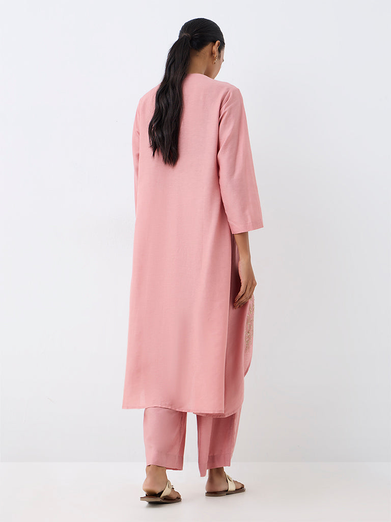 Zuba Pink Floral Embellished Asymmetrical Kurta