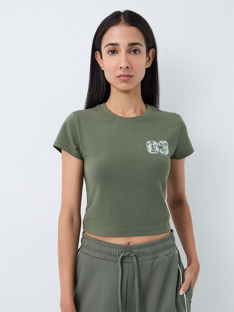 Nuoflexx Olive Numerical Printed Cotton-Blend T-Shirt