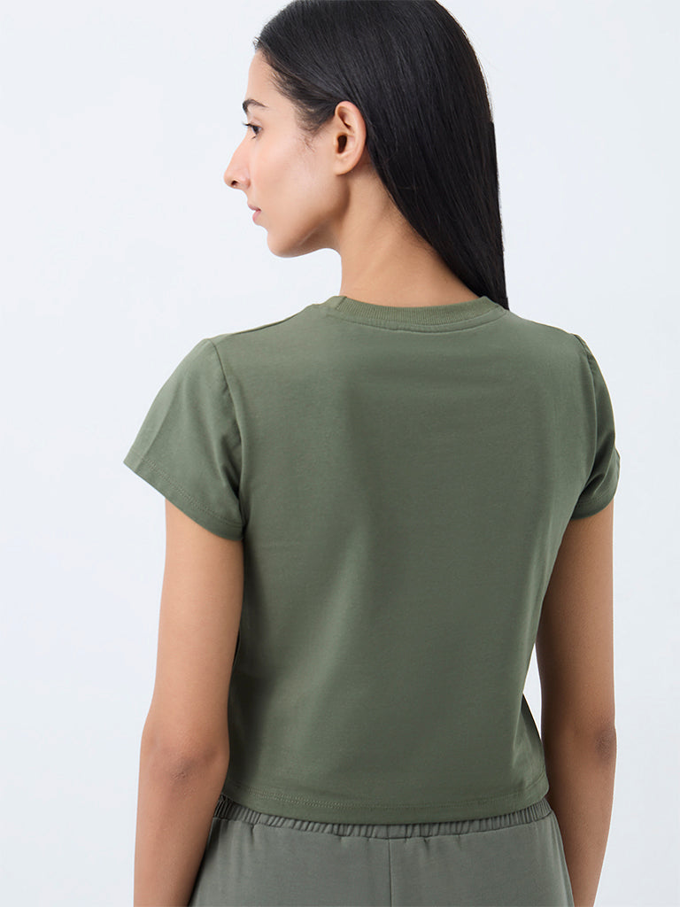 Nuoflexx Olive Numerical Printed Cotton-Blend T-Shirt