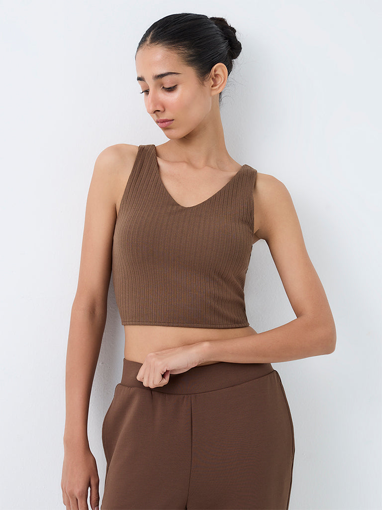 Nuoflexx Brown Ribbed-Textured Top