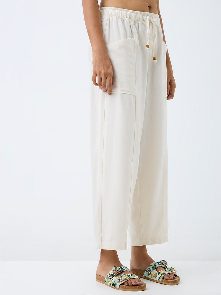 Bombay Paisley Off-White Solid High-Rise Cotton-Blend Pants
