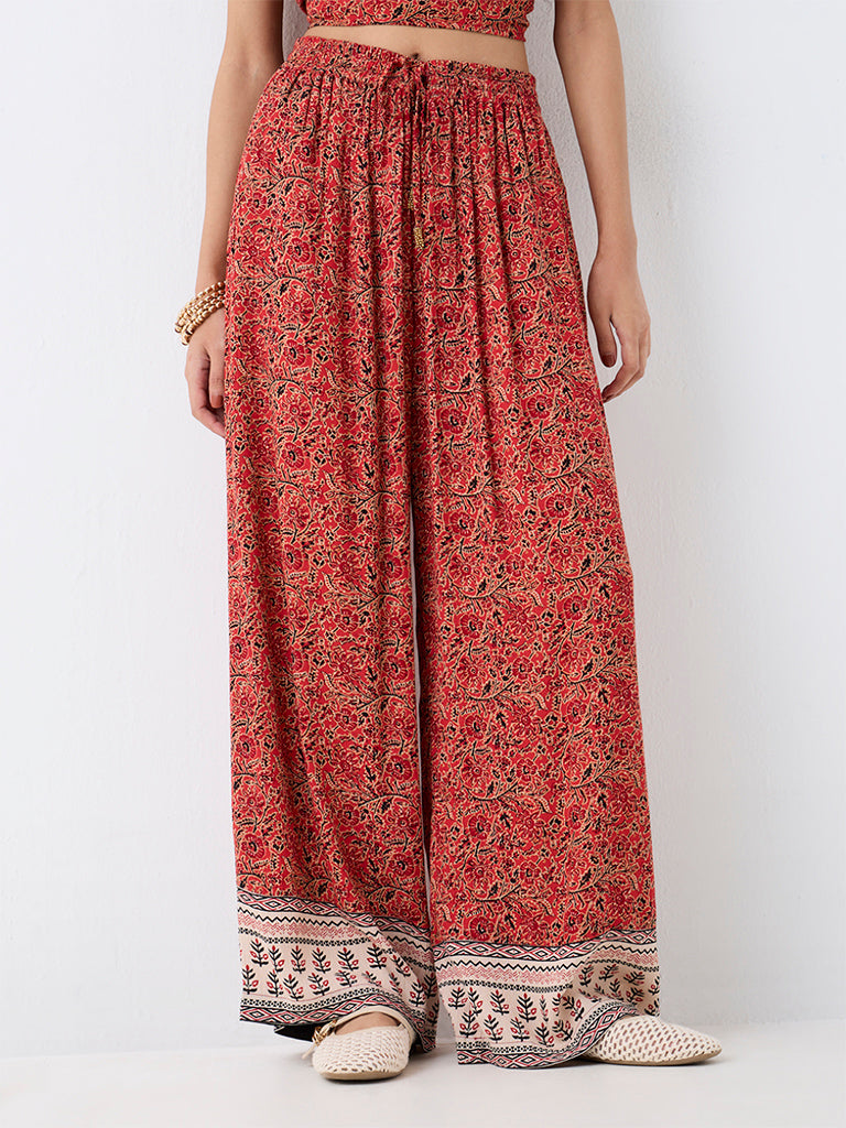 Bombay Paisley Red Floral Pattern High-Rise Pants