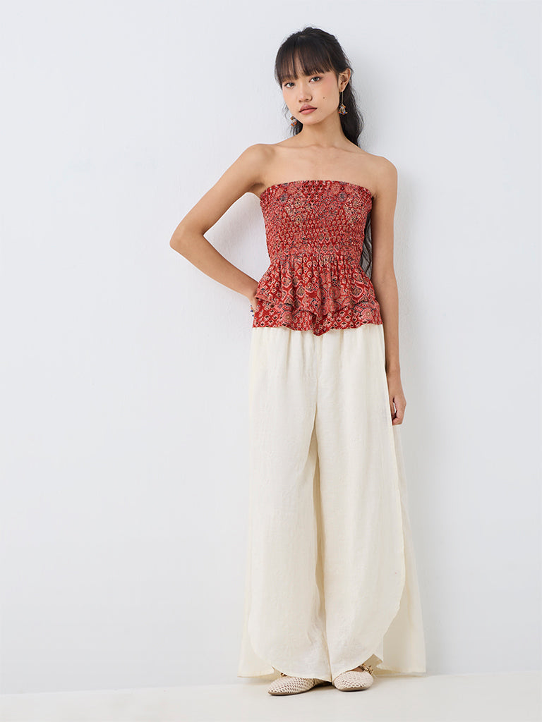 Bombay Paisley Off-White Floral Embroidered High-Rise Cotton Pants