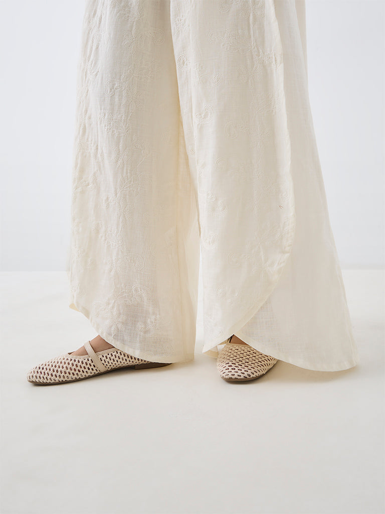 Bombay Paisley Off-White Floral Embroidered High-Rise Cotton Pants