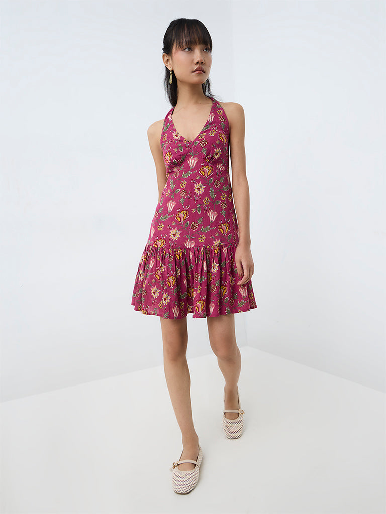 Bombay Paisley Magenta Floral Pattern Cotton-Blend A-Line Mini Dress