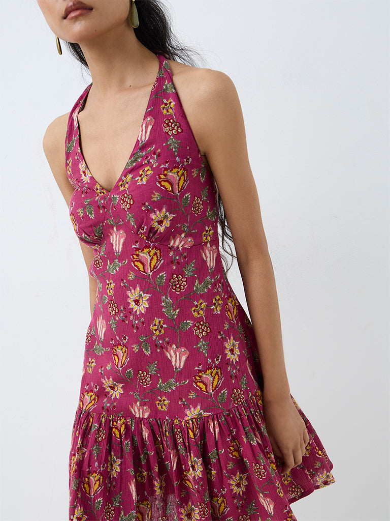 Bombay Paisley Magenta Floral Pattern Cotton-Blend A-Line Mini Dress
