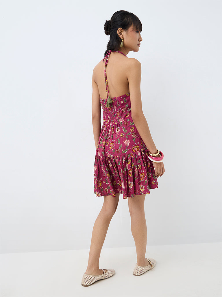 Bombay Paisley Magenta Floral Pattern Cotton-Blend A-Line Mini Dress