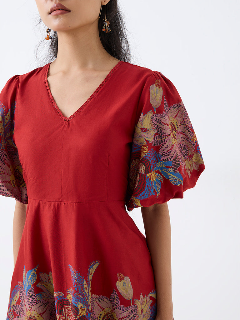 Bombay Paisley Red Floral Printed Cotton Mini Bubble Dress