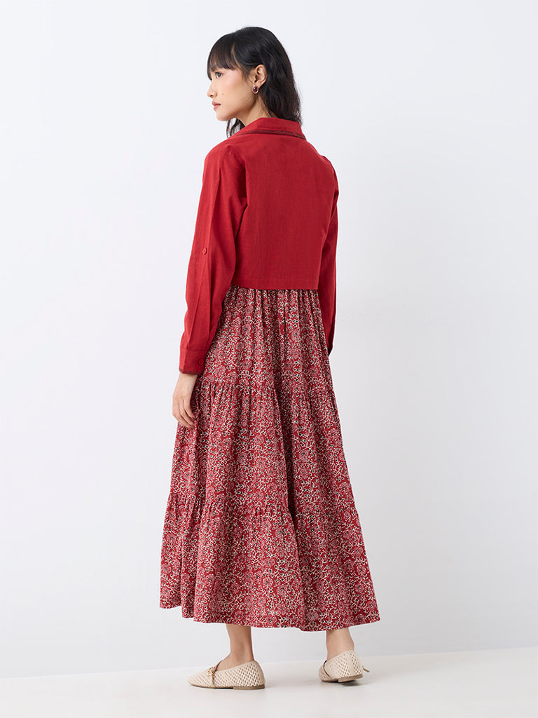 Bombay Paisley Red Floral Printed Cotton Tiered Dress with Jacket