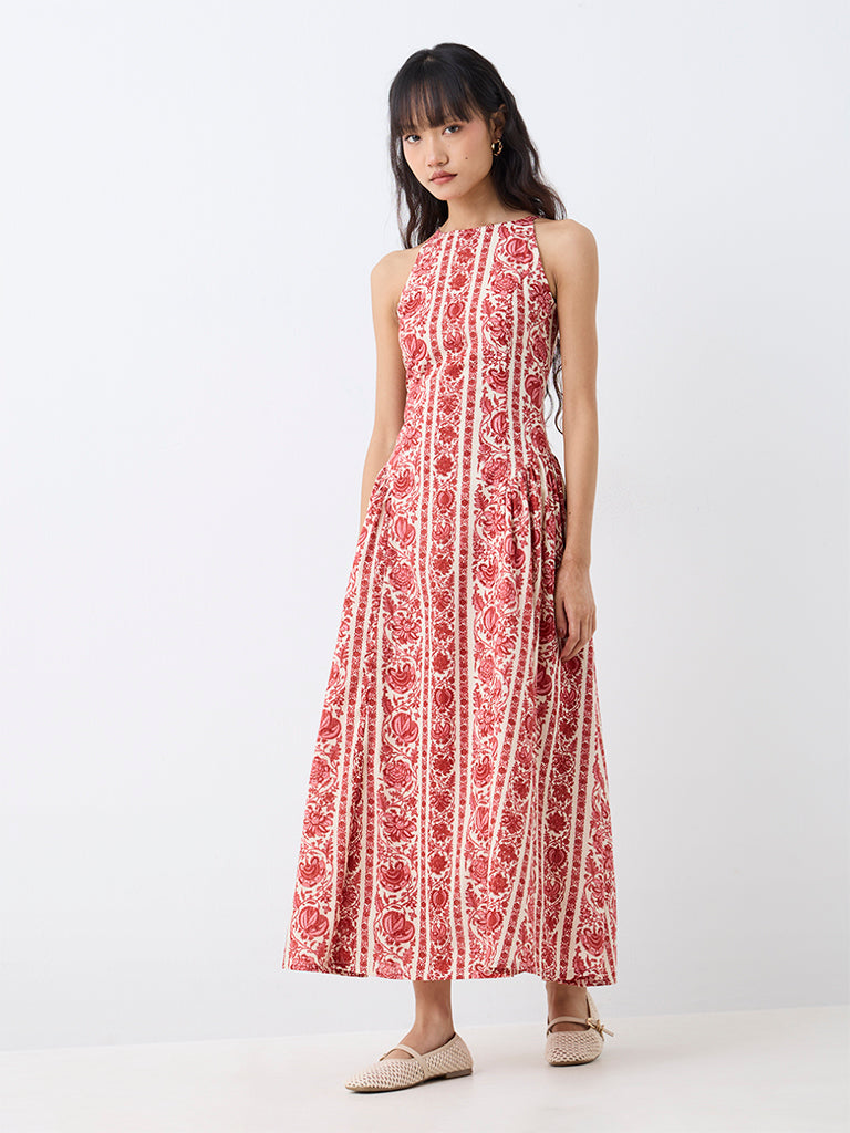 Bombay Paisley Red Floral Printed Cotton Fit-and-Flare Dress