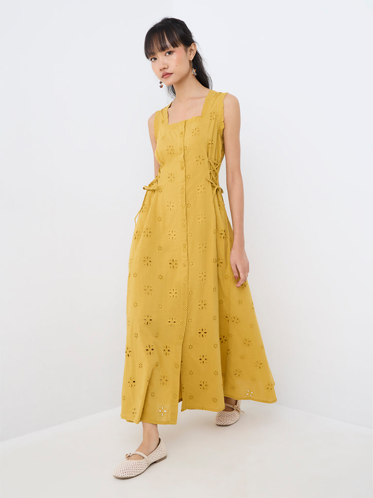 Bombay Paisley Mustard Schiffli Embroidered Cotton A-Line Dress
