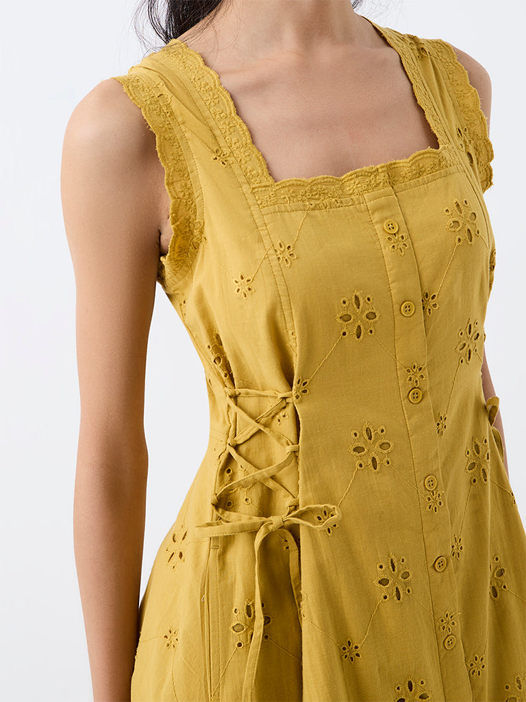 Bombay Paisley Mustard Schiffli Embroidered Cotton A-Line Dress